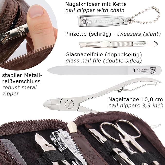 3 Swords Germany - brand quality 6 piece manicure pedicure grooming kit set for professional finger & toe nail care scissors clipper genuine leather case in gift box, Made in Solingen Germany (03652)