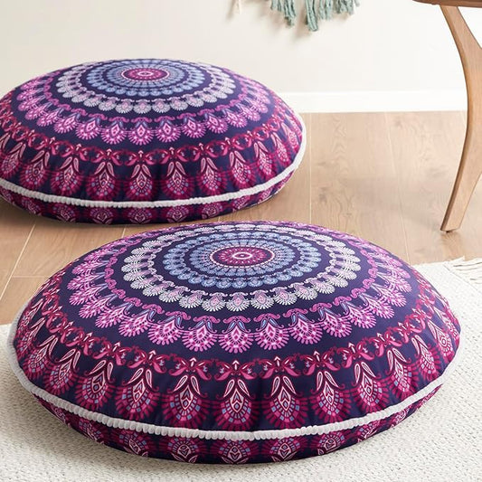 Codi Meditation Floor Pillow Set of 2, Round Large Pillows Seating for Adults, Bohemian Mandala Circle Cushion for Outdoor Fireplace Yoga Living Room, 32 Inch, Memory Foam Added, Purple Orchid New