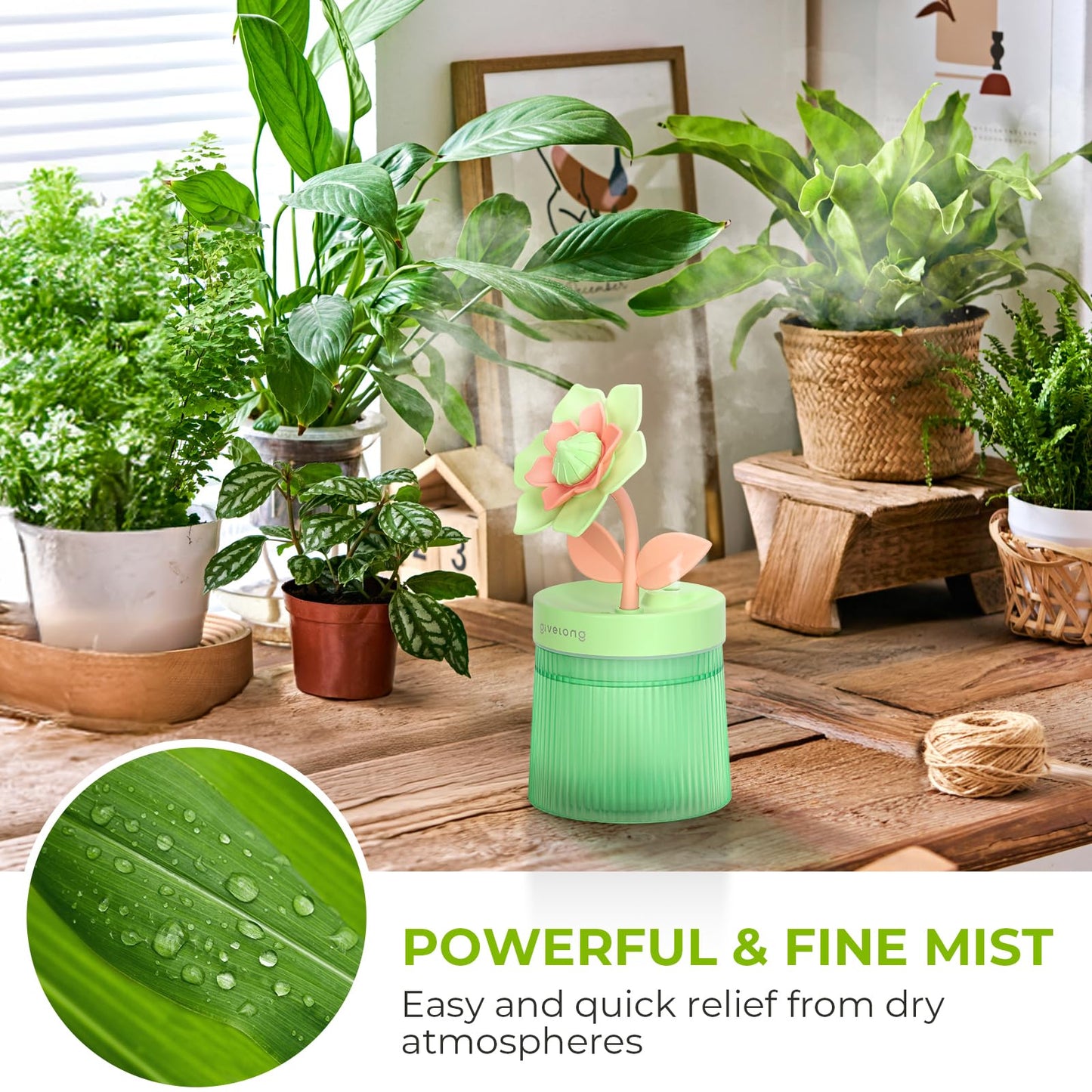 Cute Flower Mini Humidifier, 260ml Gardenia Desktop Humidifiers for Bedroom, Portable Small Cool Mist Humidification for Home, Baby Nursery, Office & Indoor Plants, USB Powered (Green)