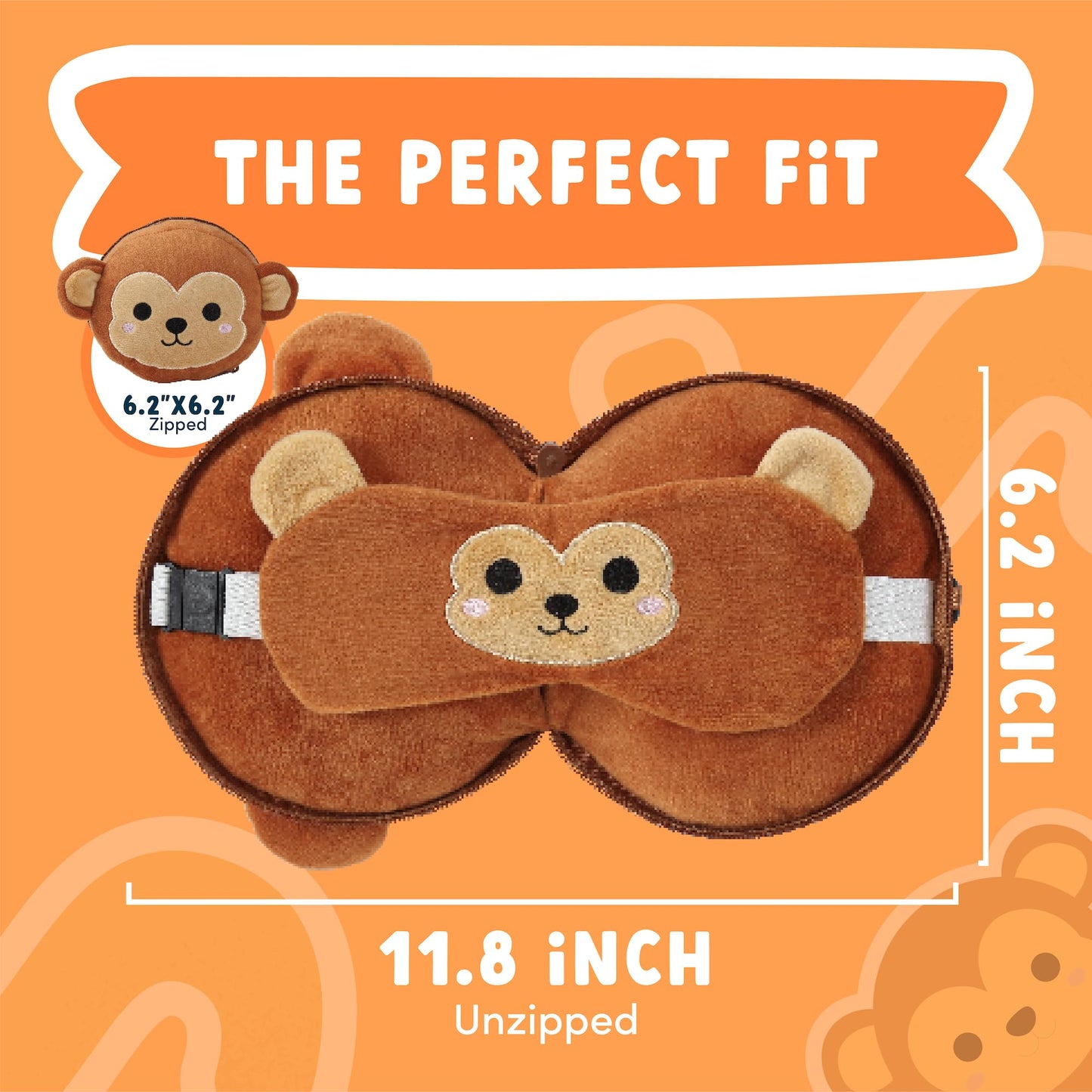 ecoZen Lifestyle Travel Pillow Set with Eye Mask - Comfort for Traveling Kids - Soft and Supportive Kids Sleep Mask Neck Pillow for Plane, Car, or Train Journeys - Monkey Design