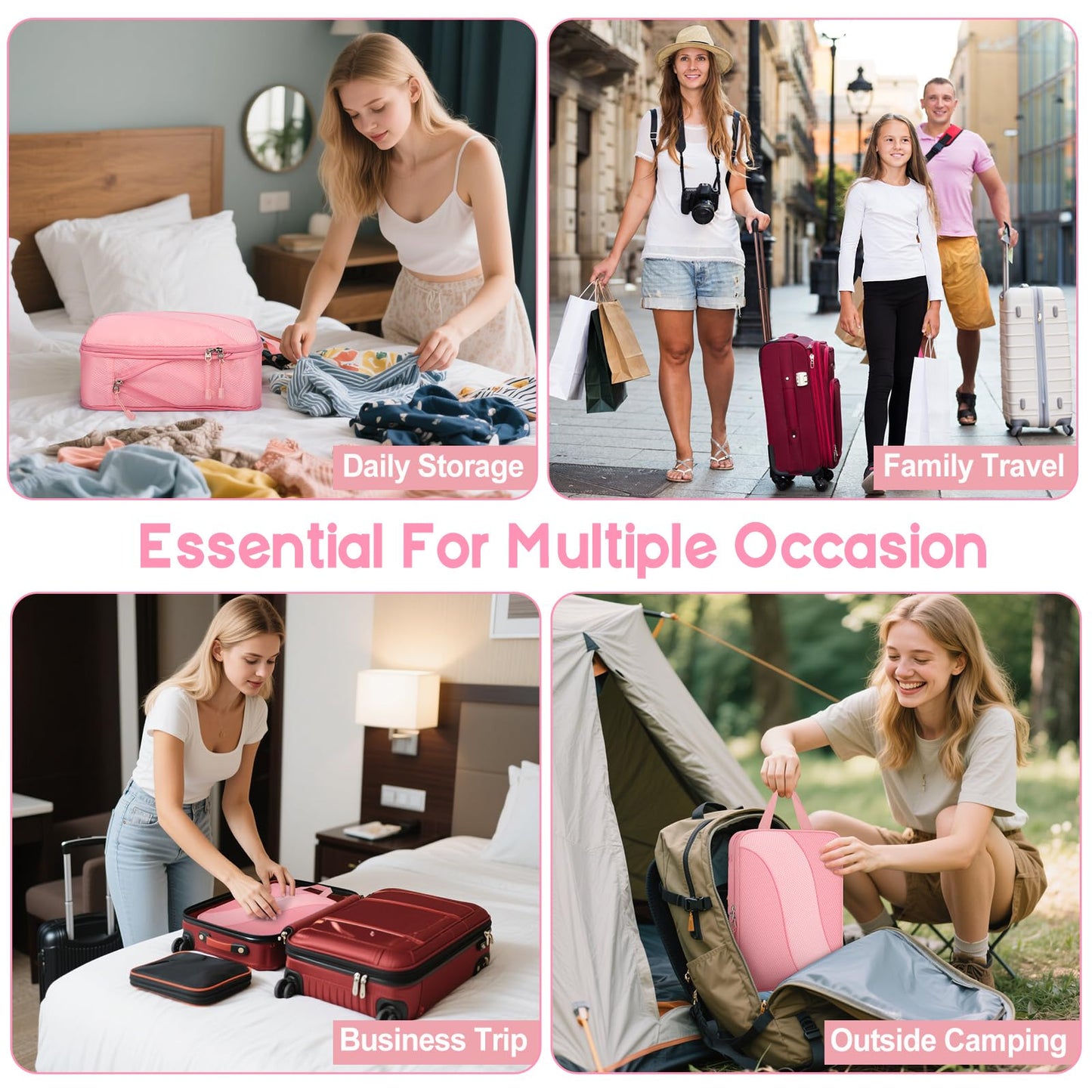 8 Set Compression Packing Cubes Travel, Expandable Travel Cubes for Carry on Luggage, Suitcase Organizer Compression Bags for Travel Essentials, Pink