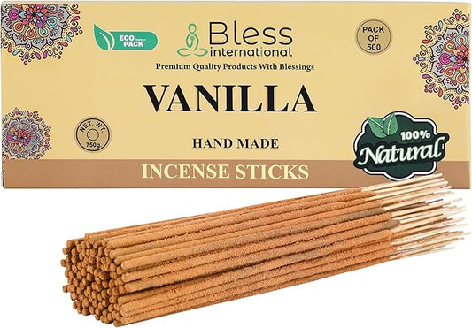 Bless-Vanilla 100%-Natural-Handmade-Hand-Dipped-Incense-Sticks Organic-Chemicals-Charcoal-Free Purification-Relaxation-Positivity-Yoga-Meditation Best-Woods-Scent (500 Sticks(26 OZ))