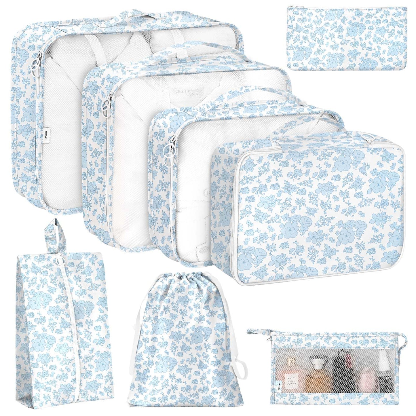 8 Set Packing Cubes for Travel, Luggage Packing Organizers Accessories Large Toiletries Bag for Clothes Shoes Cosmetics (Blue Flower)