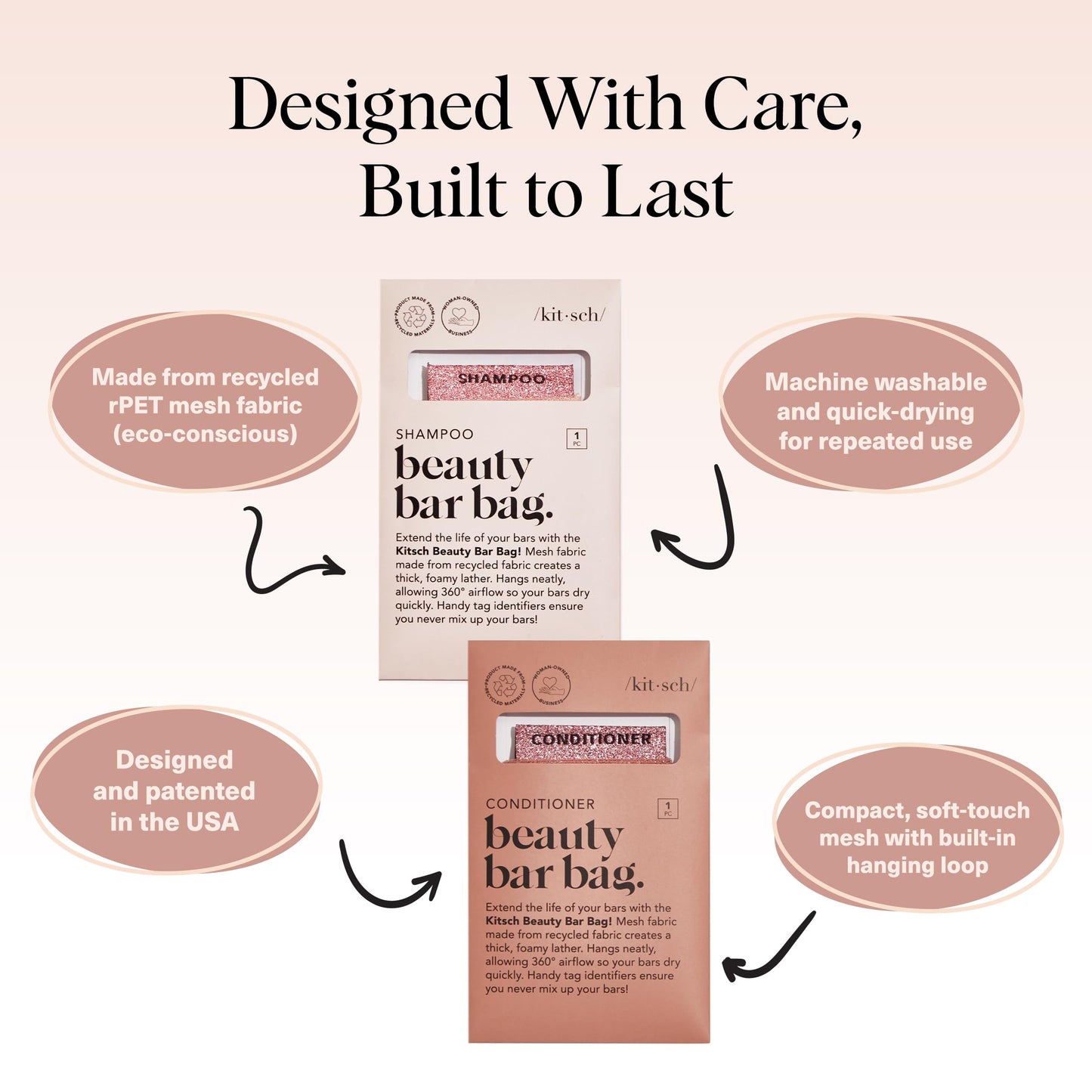 Kitsch Bar Soap Saver Bag – Patented Mesh Bag Soap Holder for Shampoo and Conditioner Bars - Extends Use & Prevents Soggy Mess - Recycled Mesh Beauty Pouch, Eco-Friendly - 2pc Set, Blush & Terracotta