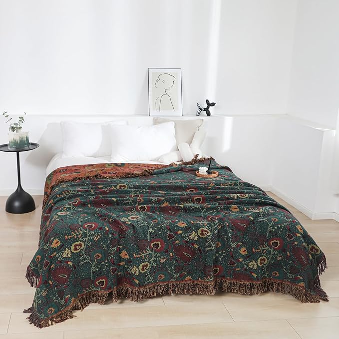 Boho Throw Blanket for Bed 100% Cotton Ultra Soft Rustic Quilt Farmhouse Decor Bed Fall Blanket,All Season Rustic Throw for Sofa Couch Chair (Flower-Dark Green, 90"×98")