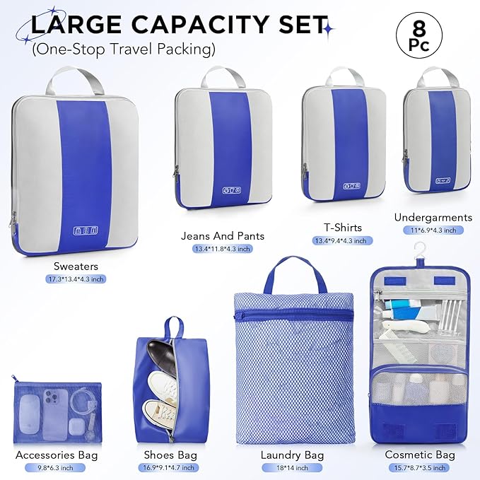 8 Set Compression Packing Cubes for Travel Essentials,Compressible Expandable Packing Cubes for Suitcase,OlarHike Luggage Organizer Bags for Travel,Handy Helper for Organizing Clothes(Klein Blue)