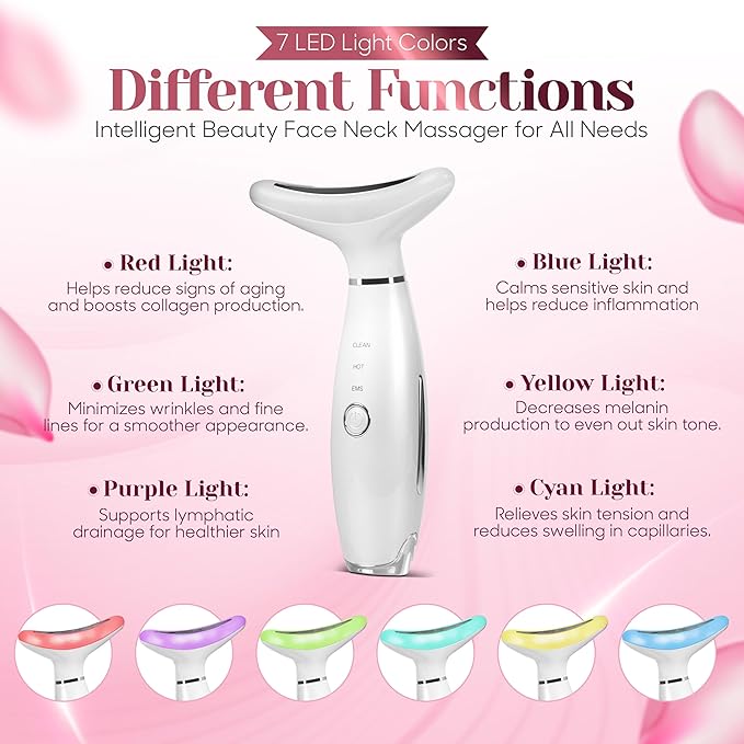 KLY Beauty Face & Neck Massager – 7-Color LED Light Therapy Device with Soothing Heat & Vibration for Relaxation and Skin Rejuvenation – White