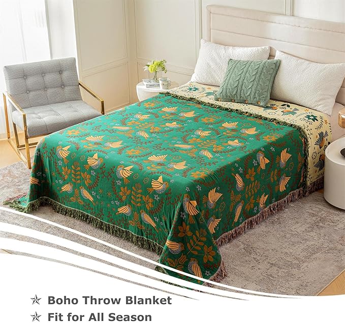 Boho Throw Blanket for Bed - 100% Cotton Ultra Soft Rustic Quilt Fall Blanket - Bird Floral Printed Farmhouse Decor Bed Blankets,60"×80" All Season Rustic Throw for Sofa Couch Chair