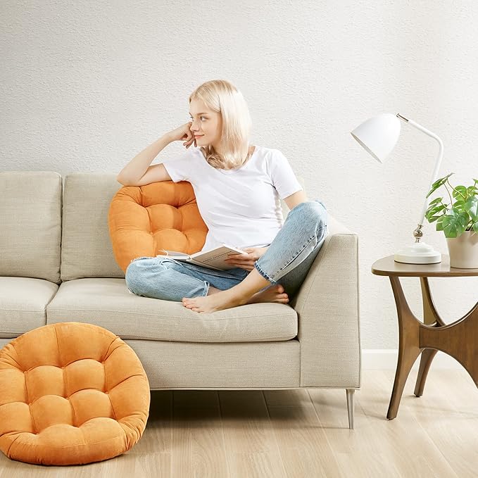 Degrees of Comfort Meditation Floor Pillow, Round Large Pillows Seating for Adults, Tufted Corduroy Cushion for Tatami Living Room, Orange Yellow 22 Inch