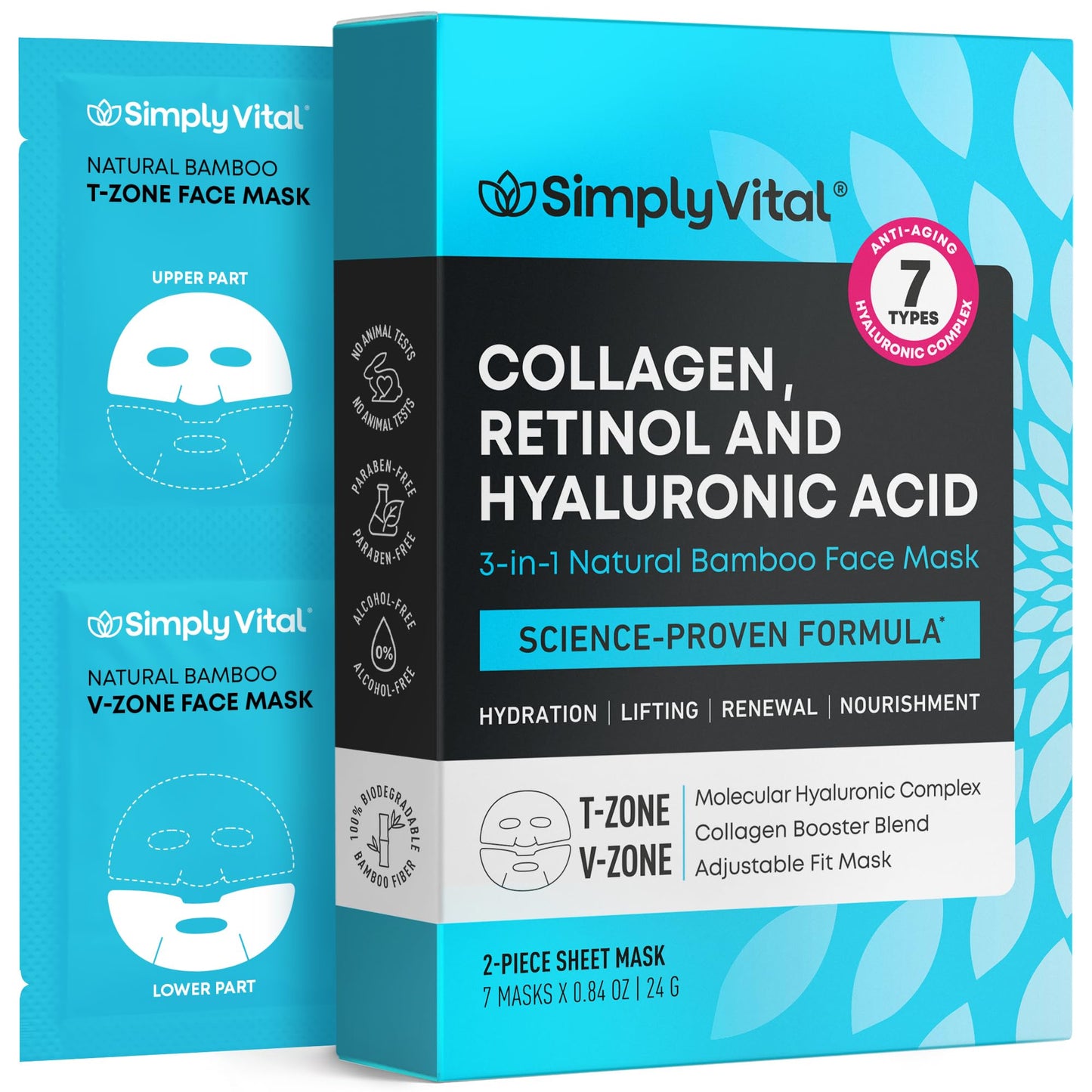 SimplyVital Collagen Facial Mask with Retinol & Hyaluronic Acid - Hydrating Face Masks Skincare - Visibly Firming and Lifting T Line & V Line Sheet Mask for Women - Mascarillas Para la Cara - 7 Pack