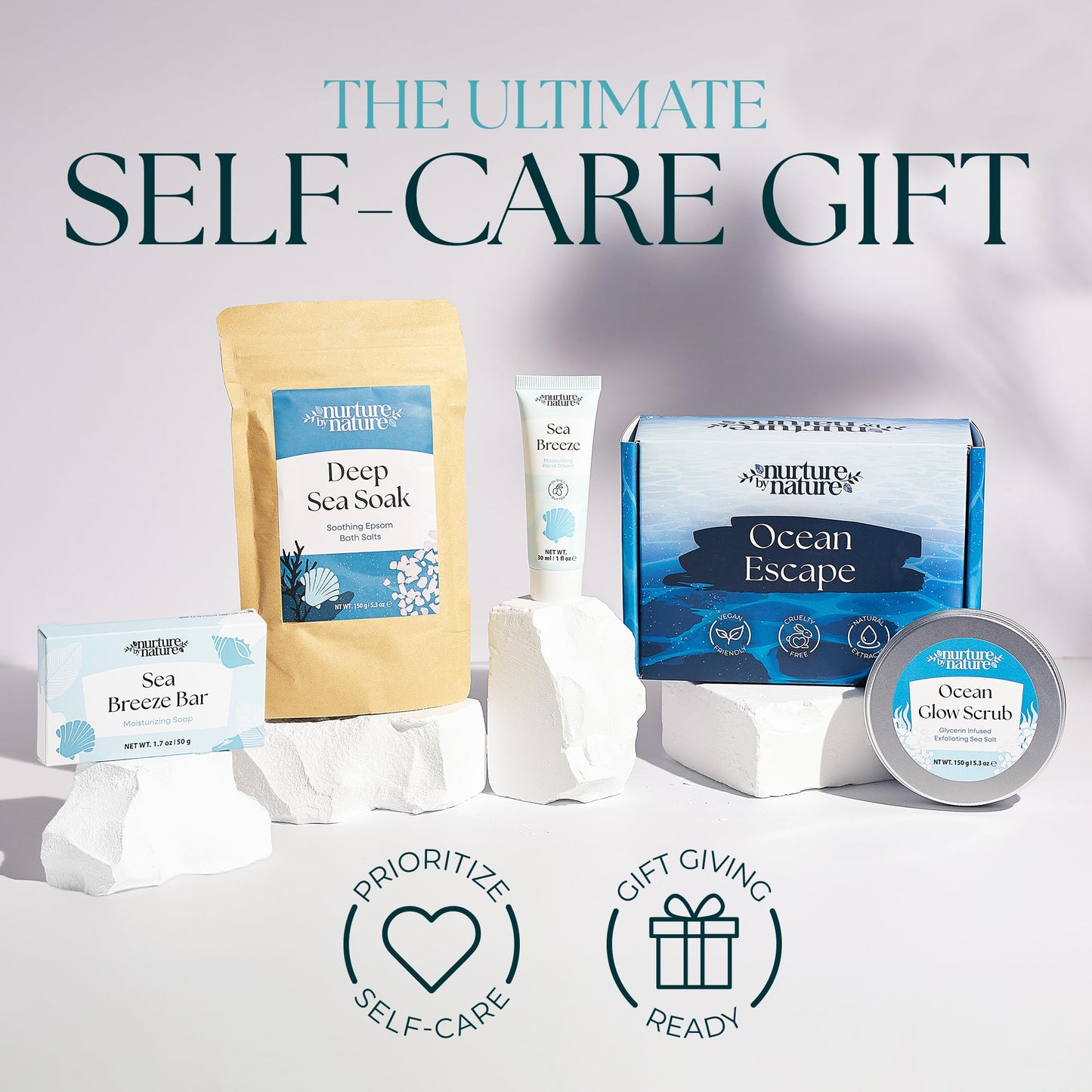 Nurture by Nature Ocean Escape Spa Gift Baskets for Women - 4 Piece Ocean Home Self Care Gift Set with Body Scrub, Bath Salts, Soap & Hand Cream - Pamper Gifts for Women Relax - Cruelty Free & Vegan