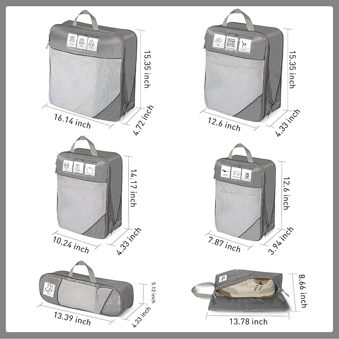 Compression Packing Cubes for Travel 6 Set Expandable Packing Organizers Durable Luggage Bags Organizers for Suitcases Travel Accessories (Gray)