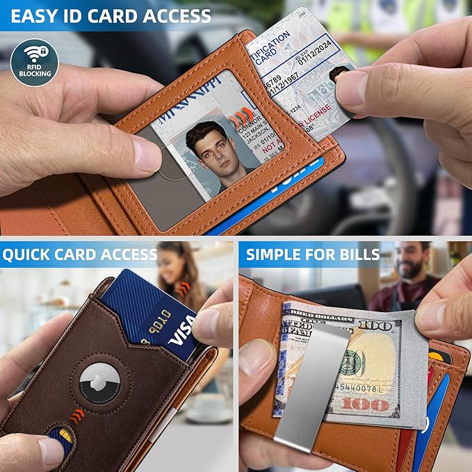 Airtag Wallet for Men,with Money Clip 11 Cards Slim Front Pocket Leather RFID Blocking Wallet with Gift Box