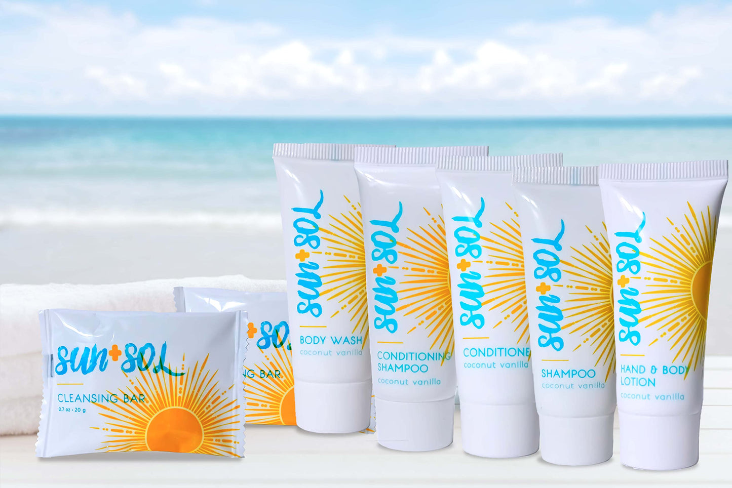 World Amenities Sun + Sol Bulk Hydrating Conditioner With Warm Coconut & Vanilla Fragrances, Travel Size Toiletries, Mini Hotel Amenities, 0.7 oz, 50 Count