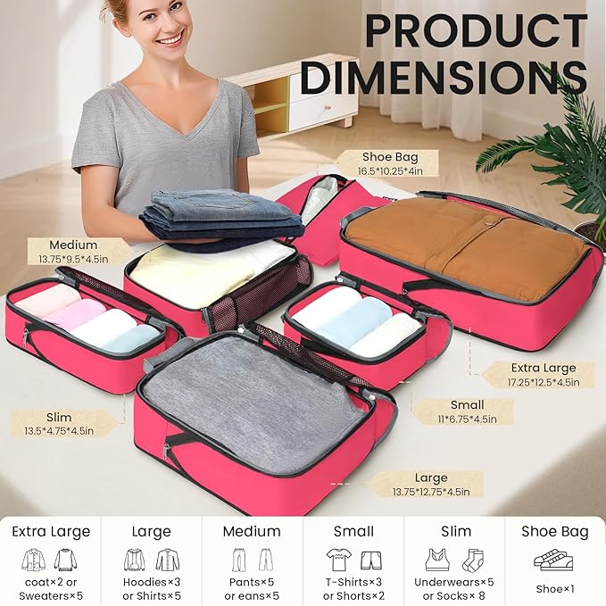 BAGAIL 4 Set/6 Set/8 Set Compression Packing Cubes Travel Accessories Expandable Packing Organizers (Half Mesh, 6-Fuchsia)