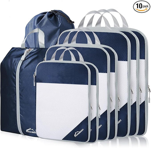 Compression Packing Cubes, 9 Set Packing Cubes for Travel Compression, Lightweight Compressible Package Organizer for Carry On and Suitcases, Navy