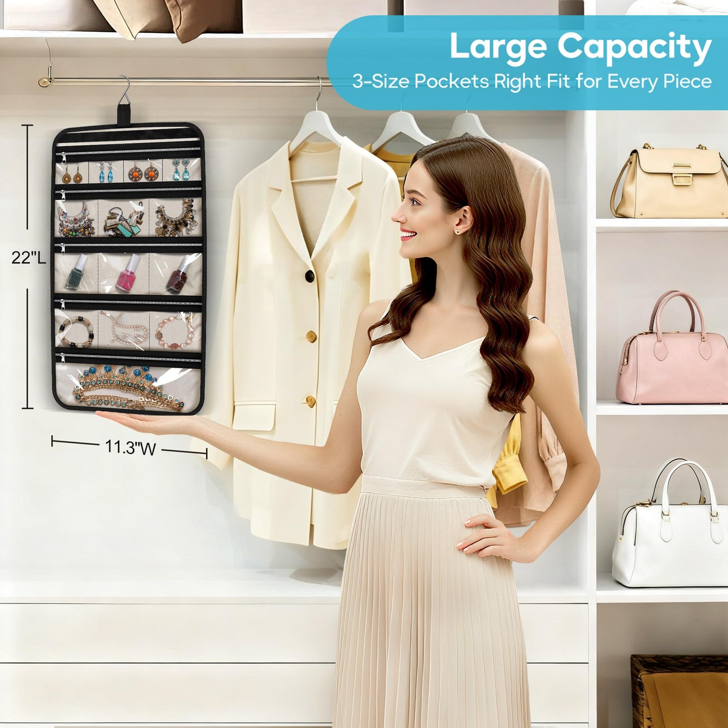 MISSLO Hanging Jewelry Organizer Travel Foldable Jewelry Roll Storage Case with 14 Cotton Zippered Pockets for Traveling, Closet, Suitcase