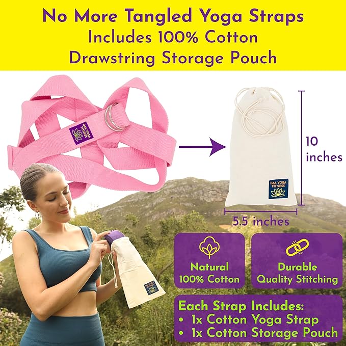 Adaptive Yoga Strap, Stretching Strap, 2 Inches Wide, 100% Naturally Soft Cotton, Steel D-Rings, Includes Natural Cotton Drawstring Storage Pouch and Instructional E-Book