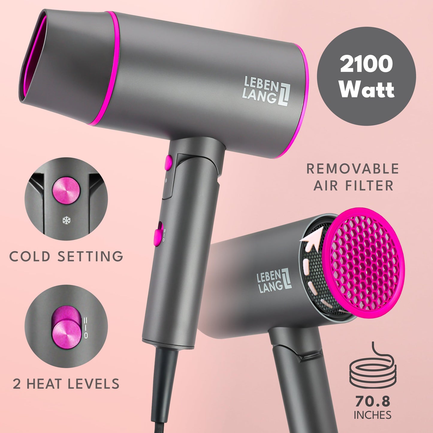 LEBENLANG Ionic Hair Dryer, 1875W - Foldable, Portable, Compact, Mini, Travel, Diffuser, Curly Hair