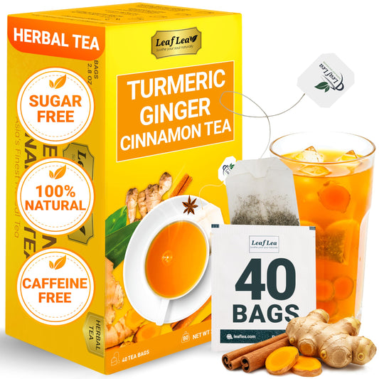 LeafLea 40 Turmeric Ginger Cinnamon Tea Bags, 100% Natural Ingredients Herbal Tea, Turmeric Ginger Herbal Blend for Wellness, Vegan, No Sugar, Caffeine-Free, Individually Wrapped for Freshness