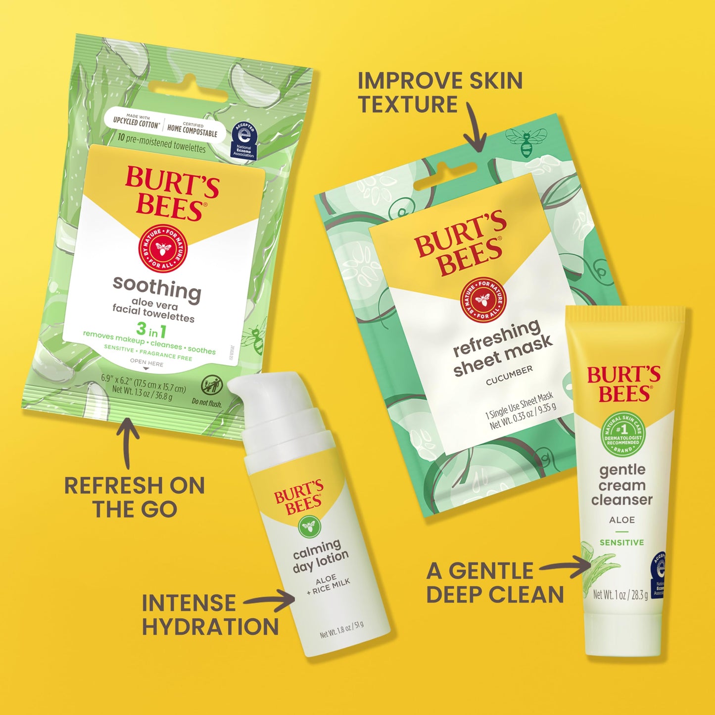 Burt's Bees Gentle Skin Care To-Go Set, Includes Cleanser, Towelettes, Lotion and Sheet Mask, Travel Size Facial Skin Care Products for Sensitive Skin, Natural Origin, 1 Gift Set