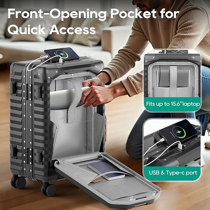 Joyway 20 Inch Carry on Luggage with Aluminium Frame and Front Pocket, PC Hardshell Suitcase with USB Port and Cup Holder, 21.5x14.2x9 Airline Approved, Luggage with Spinner Wheels and TSA Lock (Grey)