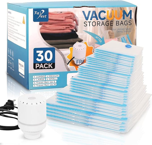 30 Pack Vacuum Storage Bags with Electric Air Pump, Space Saver Bags (4 Jumbo/4 Large/6 Medium/6 Small/5 Roll M/5 Roll S) Vacuum Sealer Bags for Clothes, Blanket, Duvets, Pillows, Comforters, Travel