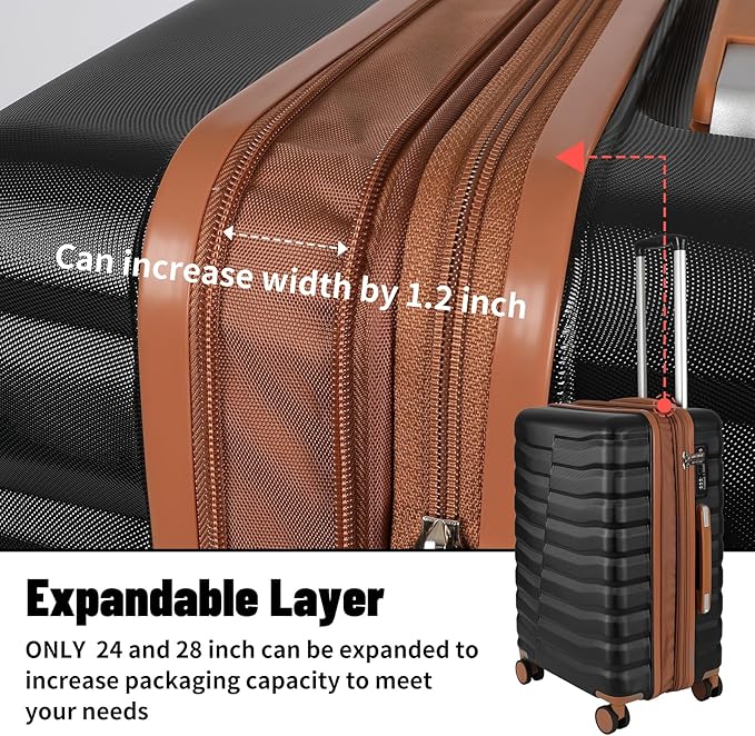 5-Piece Luggage Set, Lightweight ABS+PC Hard Shell Suitcase with YKK Zipper & TSA Lock for Family, Black Brown, 14in/18in/20in/24in/28in