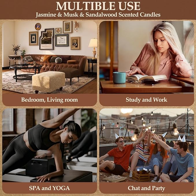 Jasmine&Musk&Sandalwood Scented Candle Set | 2Pack 16oz 80H Burn Time,8% Essential Oils | Smoke-Free Pure Soy Wax | Aromatherapy for Relaxing,Yoga Meditation Spa,Gift Set for Men/Women/Father's Day