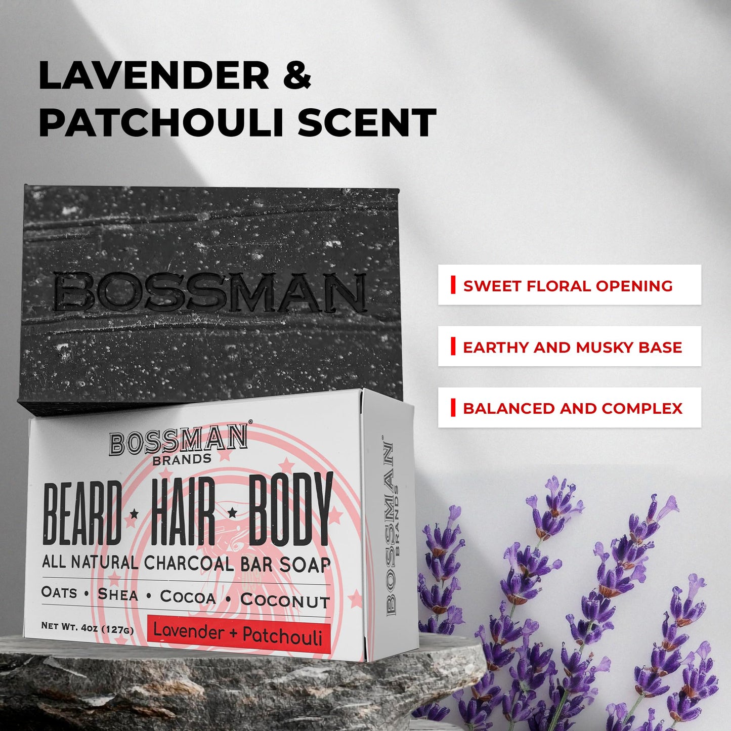 Bossman 4-in-1 Bar Soap for Men (4 oz) – All-Natural Beard Wash, Shampoo, Body Wash & Shaving Soap – Lavender & Patchouli Scent