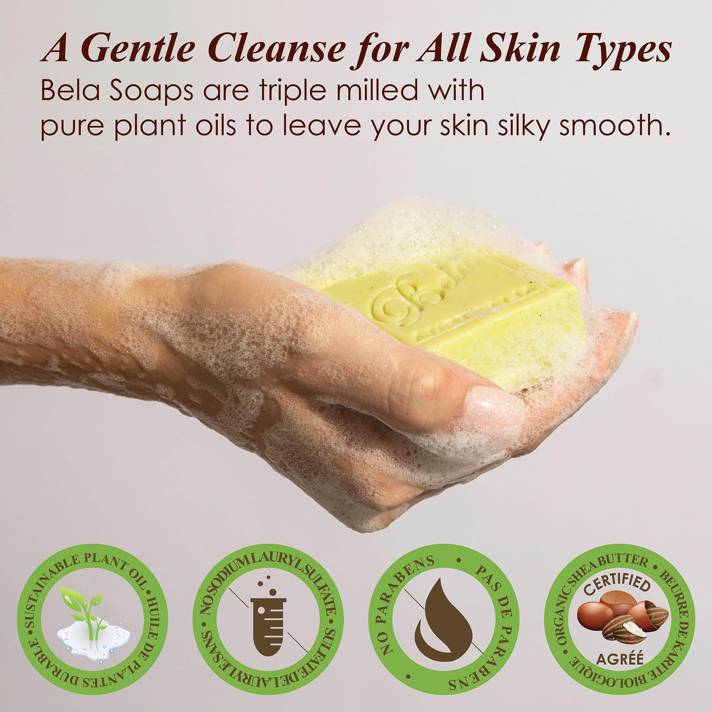 BELA Lemon Myrtle and Lemongrass Soap 3.3 OZ Pack of 12, Long Lasting French Triple Milled Bar Soap with Organic Shea Butter Hand, Face and Body Wash Bar, Made in Australia