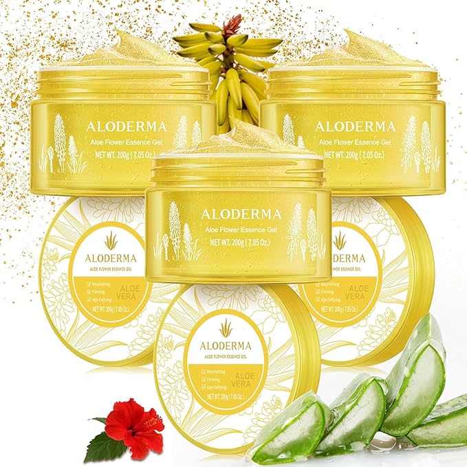 Aloderma Age-Defying Aloe Flower Essence Gel with 24K Gold Leaf, Made within 12 Hours of Harvest - Luxurious Aloe Gel with Allantoin & Hyaluronic Acid for a Shimmering, Youthful Complexion, 7oz 3-Pack