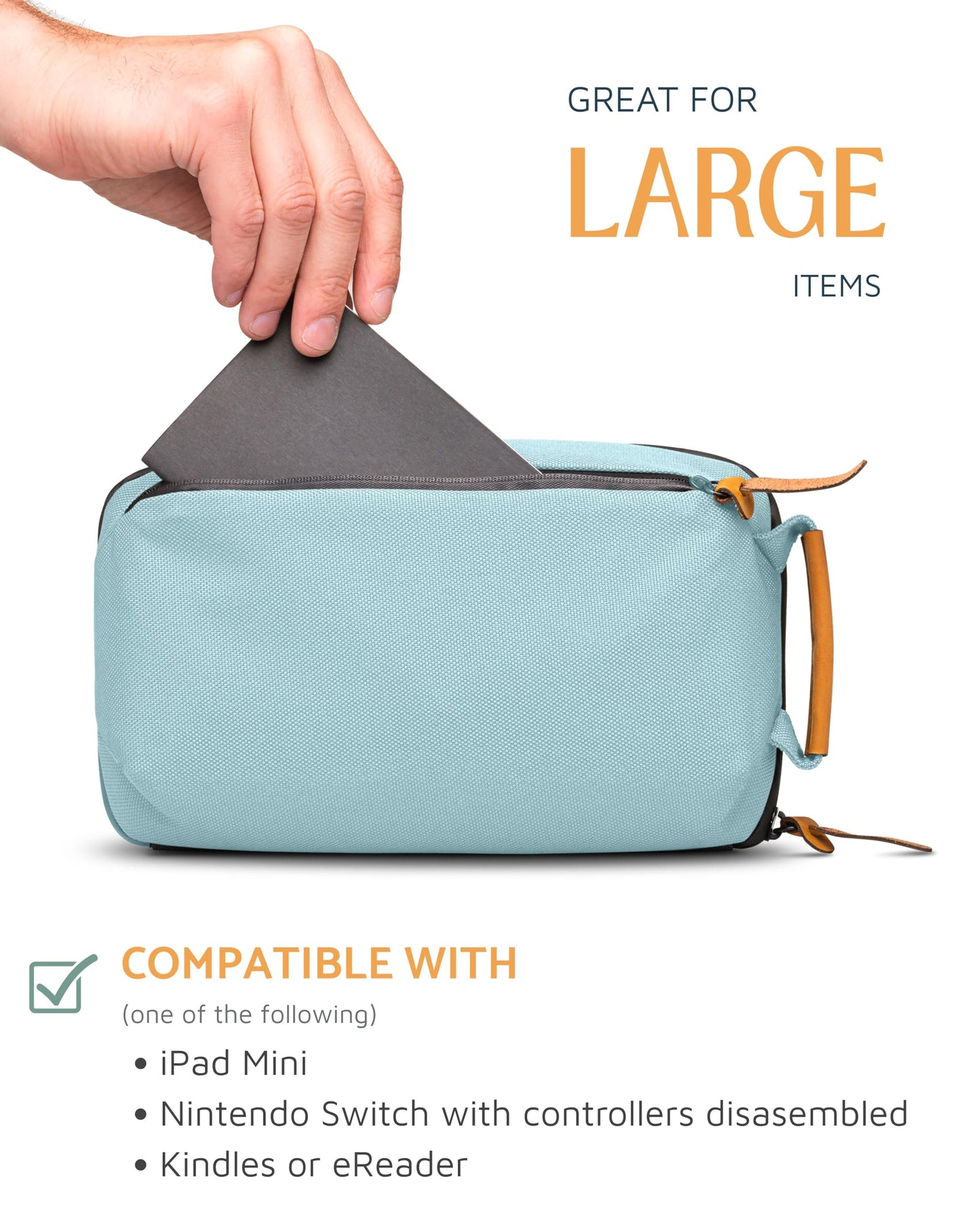 Tech Bag Organizer - Small Electronics Organizer Pouch for Travel - Premium Travel Case with Leather Accents - Mesh Pocket for Cables, Cords and Chargers (Dusty Teal)