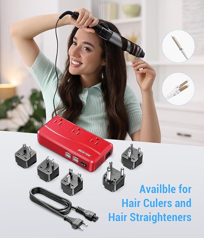 BESTEK International Power Adapter 250W, 220V to 110V Step Down Travel Voltage Converter with 4-Port USB Including US/AU/EU/UK//India/South Africa Plug Adapter (Red)