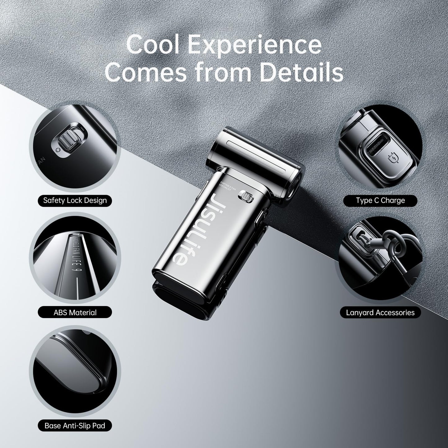 JISULIFE Portable Handheld Fan Life9, Turbo Power High Speed Air [18H Max Cooling Time], 5 Gear Wind, 5000mAh Rechargeable, Mini Pocket Design, Personal Fan for Travel Concerts Camping Makeup - Chrome