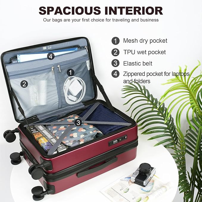 KROSER Carry On Luggage with Spinner Wheels & Built-in TSA Lock, Expandable Top Loading Hard Shell Suitcase Large Capacity Durable Rolling Luggage with USB Port, Carry-On 20-Inch, Burgundy