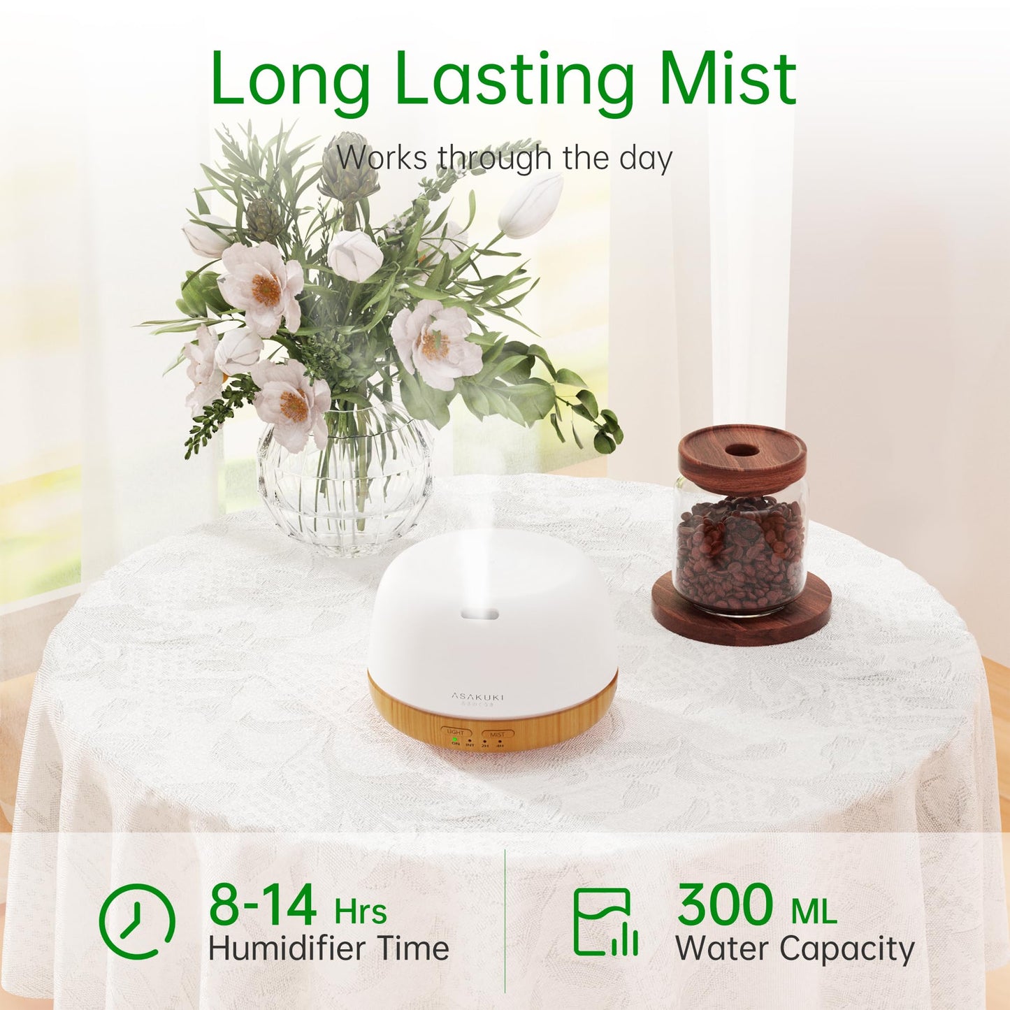ASAKUKI Essential Oil Diffuser, 300ml Ultrasonic Aromatherapy Oil Humidifier with 7 Colors Lights 2 Mist Mode for Home
