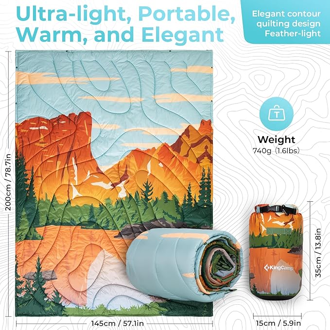 KingCamp Ultralight Camping Blanket, Packable Down Alternative Puffy Printed Wearable Blanket with Snap Buttons & Corner Loops Weatherproof Quilt for Outdoor Travel Stadium (79"L x 57"W, ORANGE/BLUE)