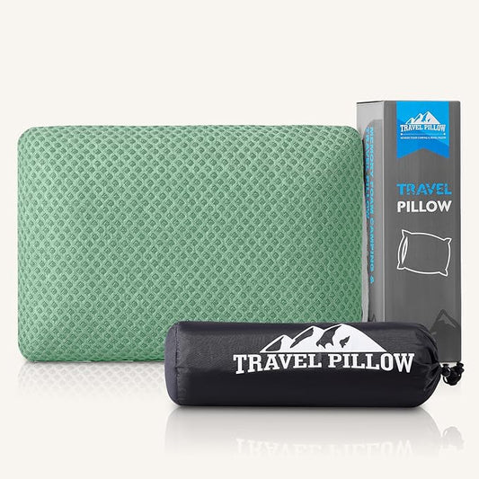 Travel Pillow Memory Foam Pillows, Camping Pillow-Compressible Medium Firm, Breathable Cover, Ideal Backpacking Hiking, Bed Pillows, Airplane and Car (Green, M)