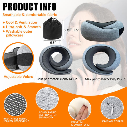 Travel Neck Pillows for Airplanes Or Trains, 360° Head Support Sleep for Long Flight, Skin-Friendly and Breathable, Kit with 3D Contoured Eye Mask, Earplugs and Storage Bag Gifts for Family
