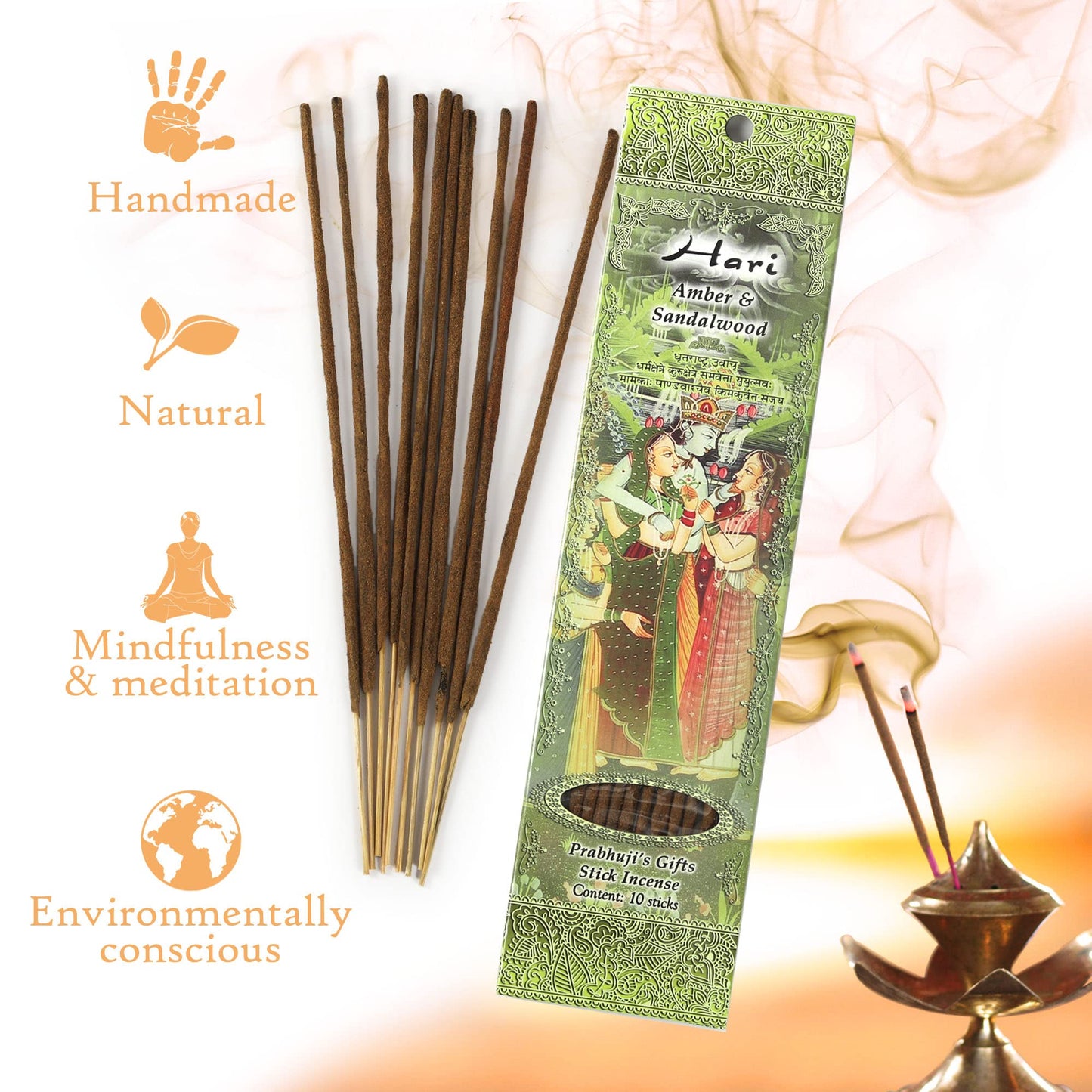 Prabhuji's Gifts Hari Hand-Rolled Spiritual Incense Sticks from India - Aromatic Sticks - for Meditation, Yoga, Relaxation, & Aromatherapy Incense - Amber and Sandalwood - 3 Packs of 10 Sticks