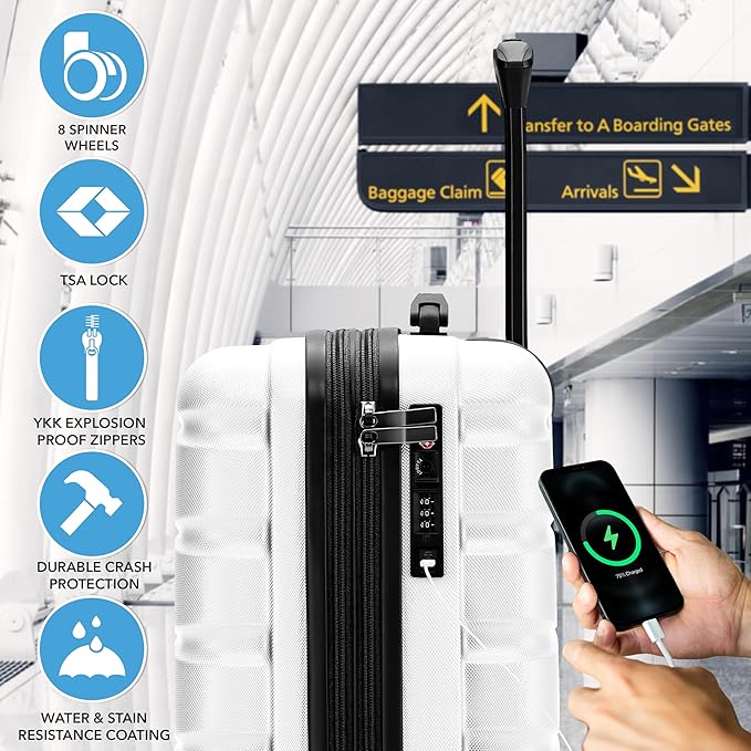Carry On Suitcase Hardside TSA Lock & USB Port Silent Double Spinner Wheels Maximum Carry-On Bag For Canada Air Approved Airlines( 21.5x15.5x9" ,White )
