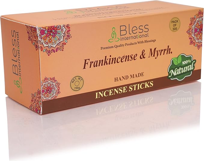 Bless-Frankincense-and-Myrrh 100%-Natural-Handmade-Hand-Dipped-Incense-Sticks Organic-Chemicals-Charcoal-Free Purification-Relaxation-Positivity-Yoga-Meditation Best-Woods-Scent (500 Sticks (26 OZ))