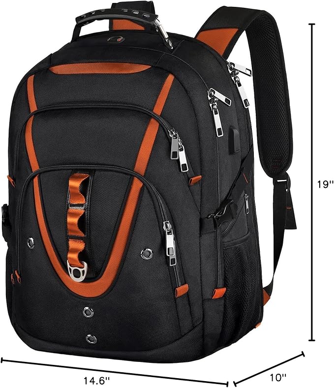 18.4 Laptop Backpack Women Men, 55L-60L Flight Approved Extra Large Travel Backpack RFID Anti Theft and TSA Friendly Backpack, Water Resistant College School Heavy Duty With USB Charging Port, Orange