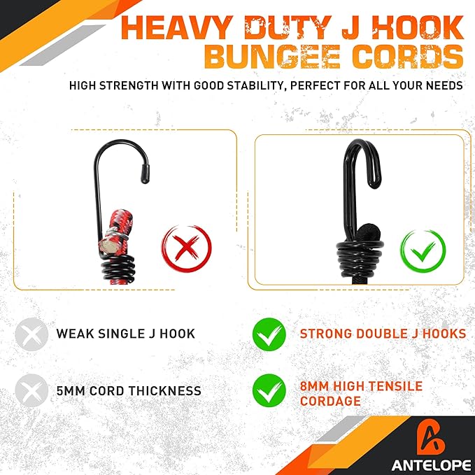 A ANTELOPE Outdoor Bungee Cord Assortment - Heavy Duty Set of 20 Bungee Cords (72") Double J Hooks - Multipurpose Elastic Straps for Fastening Tarps, ATV, Camping, Trucks, Motorcycles, Bicycles