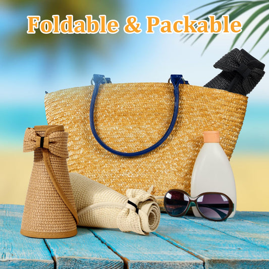 Sun Visor Hats for Women, Summer Packable Straw Beach Hat UV Protection 2025, Women's Ponytail Hat, Foldable Travel- Khaki