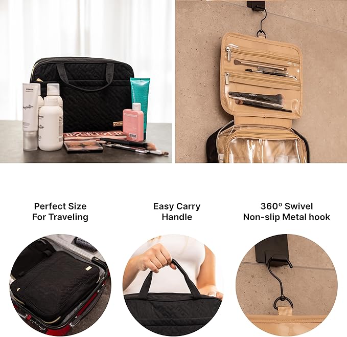 Carrywell |Not Made In China| Hanging Toiletry Travel Bag For Women, Makeup Organizer Case, Water-Resistant Cosmetic Bag For Full-size Containers, Toiletries (Black, Medium)