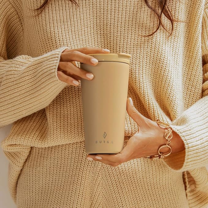 BURGA Stainless Steel Insulated DRINKING_CUP, Travel Spill-Proof With Secure-Seal, Scratch-Resistant, Stays Hot or Cold & Anti-Slip, 16 Ounces, Tan