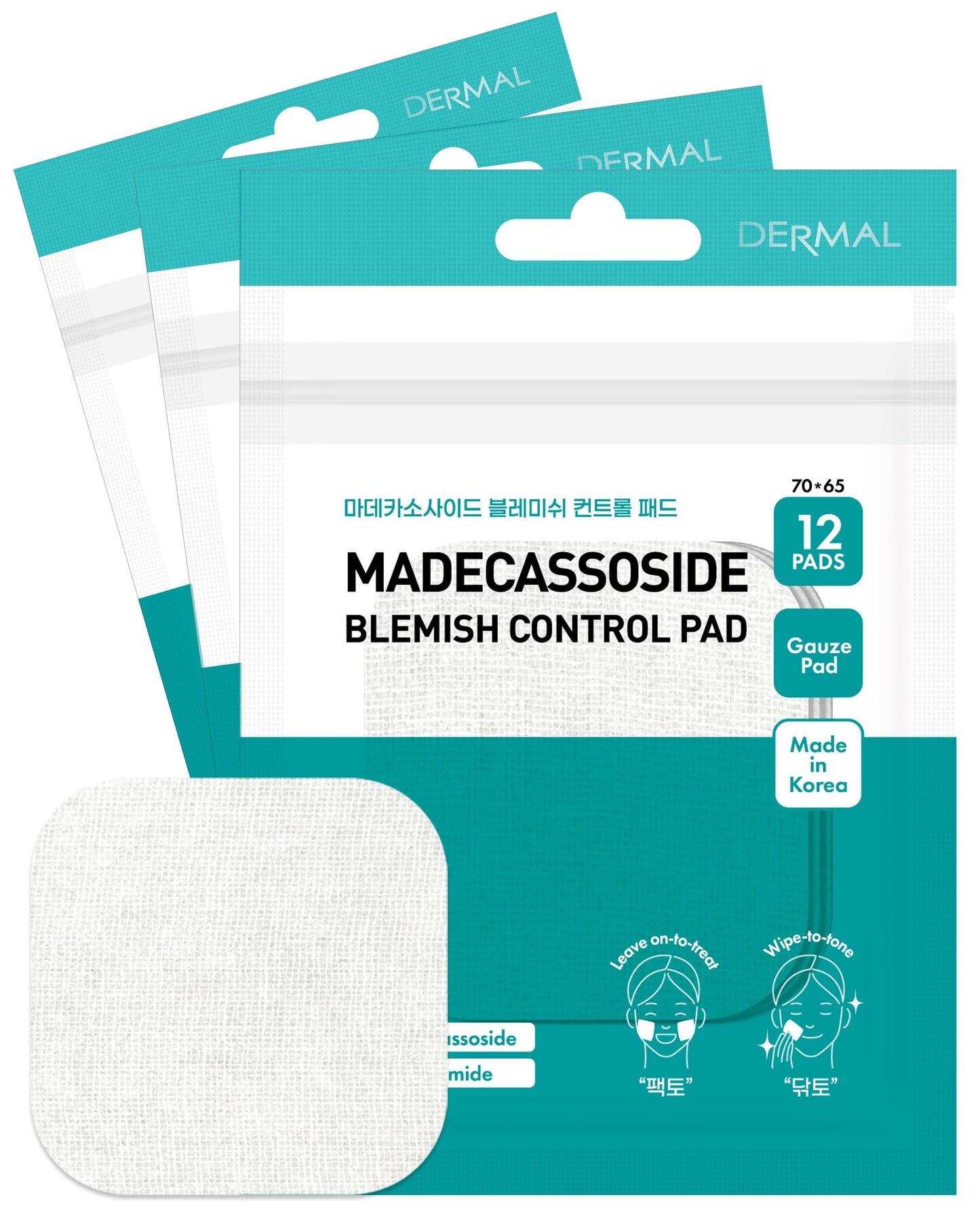 DERMAL Madecassoside Blemish Control Toner Pad - Korean Toner Pad for Blemish & Tone Improvement with Centella Asiatica - Vegan Gauze Tencel Square Pads - Travel Kit 12 Pads, 3 Pack (Total 36 Pads)