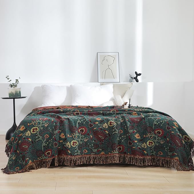 Boho Throw Blanket for Bed 100% Cotton Ultra Soft Rustic Quilt Farmhouse Decor Bed Fall Blanket,All Season Rustic Throw for Sofa Couch Chair (Flower-Dark Green, 90"×98")